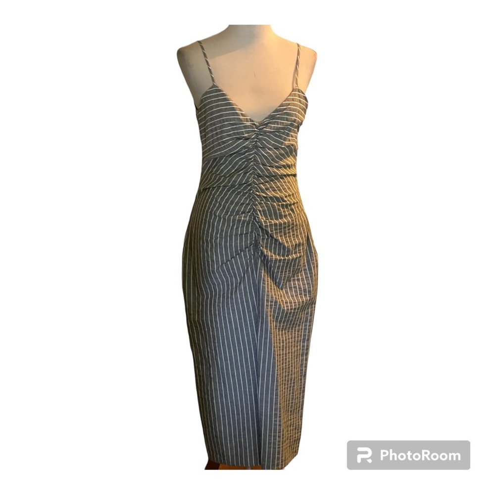 NWT - Striped Ruched Spaghetti-Strap Midi Dress - Gray